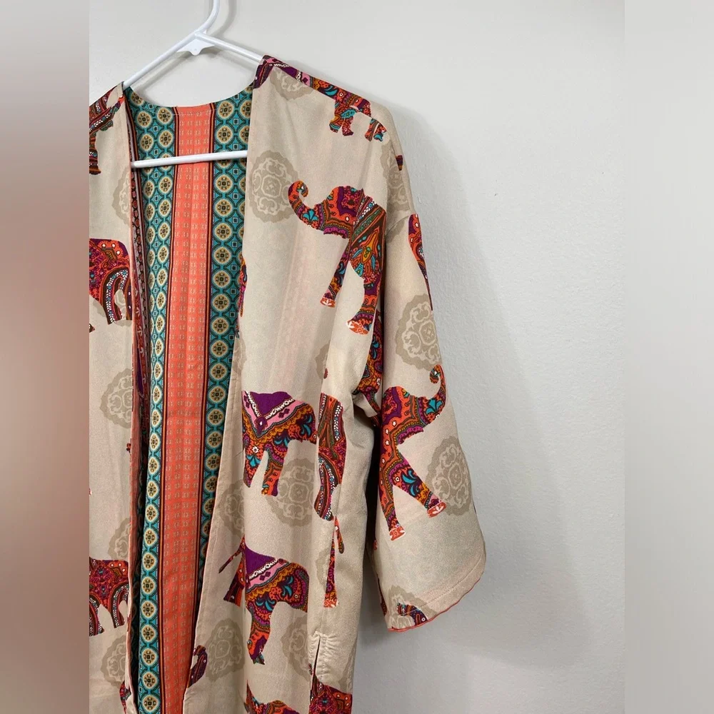 Chico’s Reversible Jacket Open-Front Medallion Elephant Print Kimono Size S/M? - Picture 4 of 16